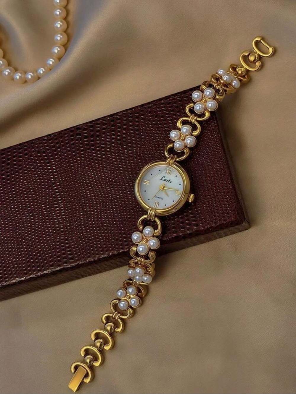 Anthropologie Gold Pearl Floral Link Watch - Picture 3 of 8